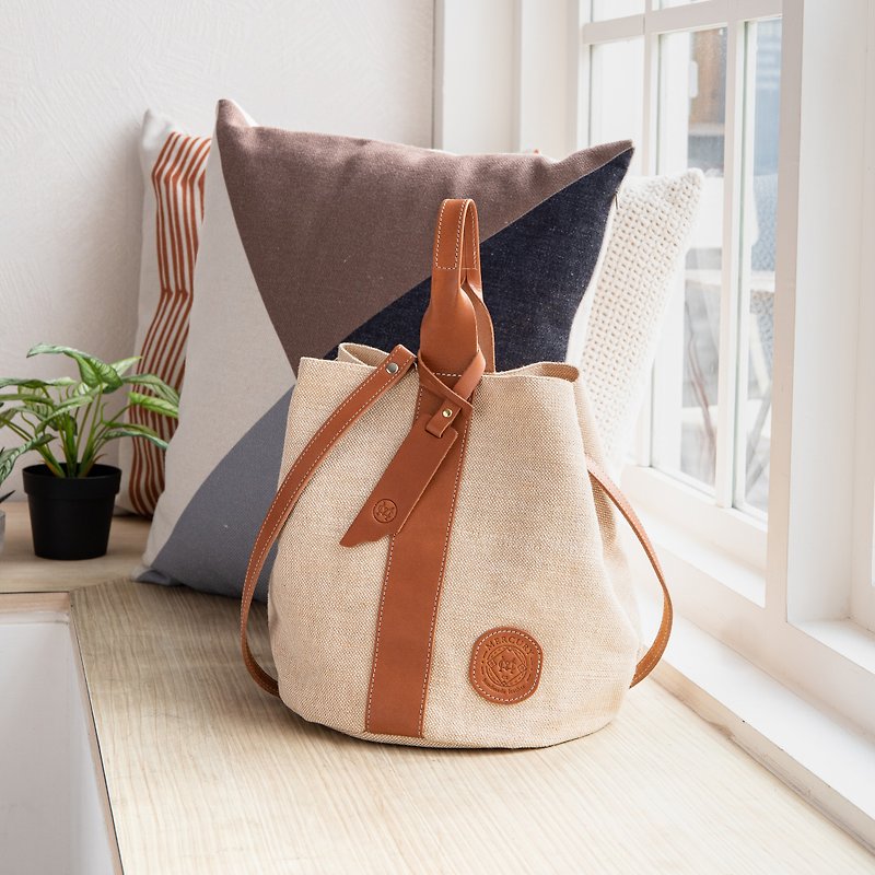 Mercury Leather Burlap Bucket Bag (Small) Custom Leather Tag Branding - Handbags & Totes - Cotton & Hemp 