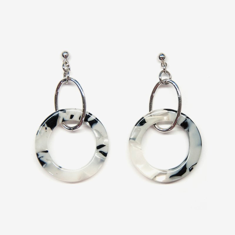 Black-and-white Film Collection - Marble Round Earrings - ต่างหู - โลหะ สีเทา