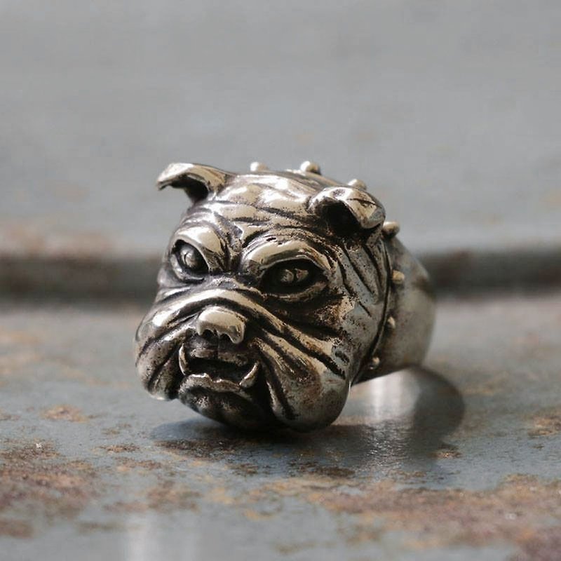 Biker Ring sterling silver skull Bulldog heavy dog British pet punk man rocker - General Rings - Other Metals Silver