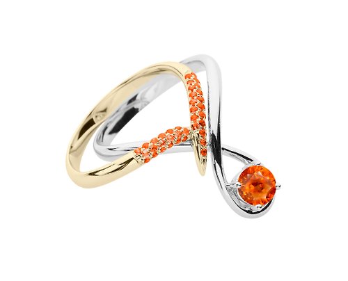 Majade Jewelry Design 橘橙寶石14k金結婚戒指組合 水滴形求婚戒指 流星訂婚套裝戒指