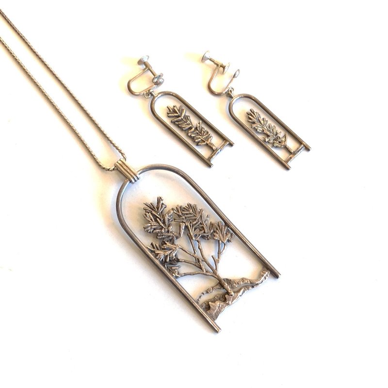 Vintage tree of life silver necklace & earrings set - 項鍊 - 銀 銀色