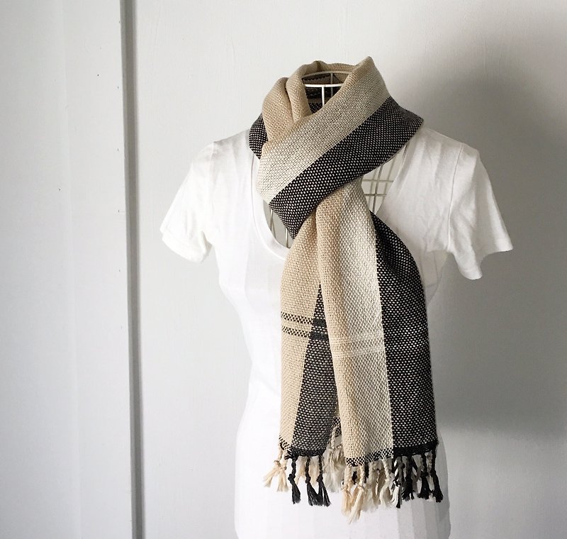 手織りストール Beige and Black Color Mix - 圍巾/披肩 - 羊毛 黑色