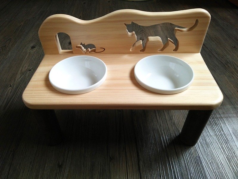 Hairy children table series - <stand do not run! Play together> (wood X hand-made porcelain bowl X2) - Pet Bowls - Wood Brown