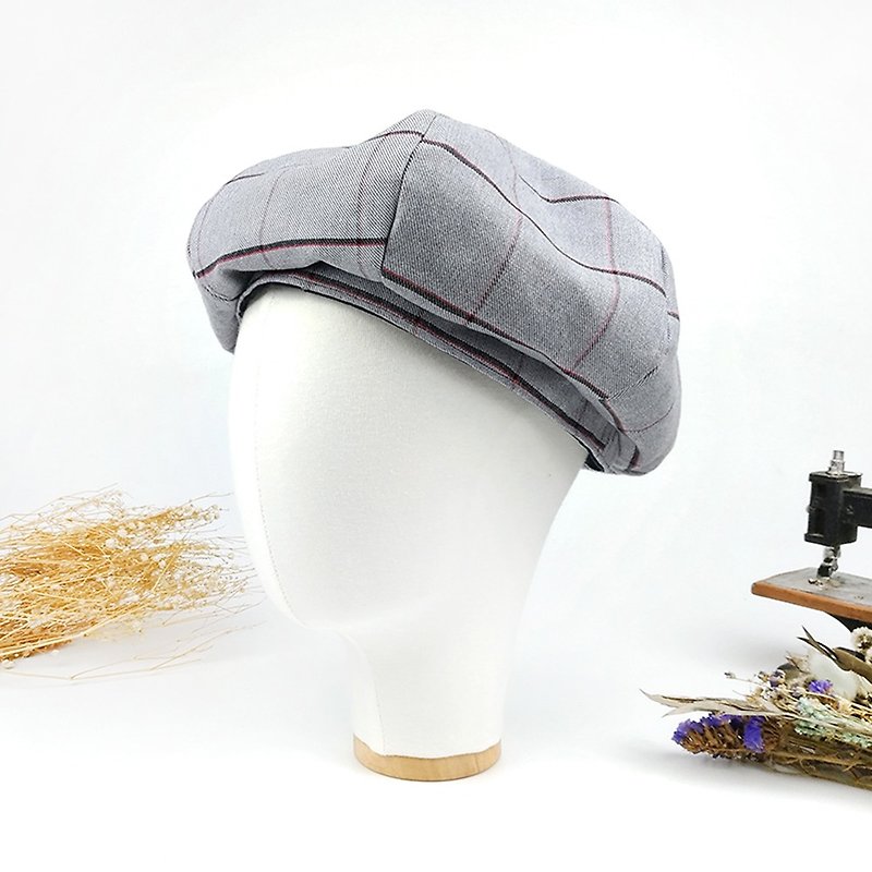 Maverick Village handmade beret beret cap painter hat check pattern four seasons [British gray grid] B-01 - หมวก - ผ้าฝ้าย/ผ้าลินิน สีเทา