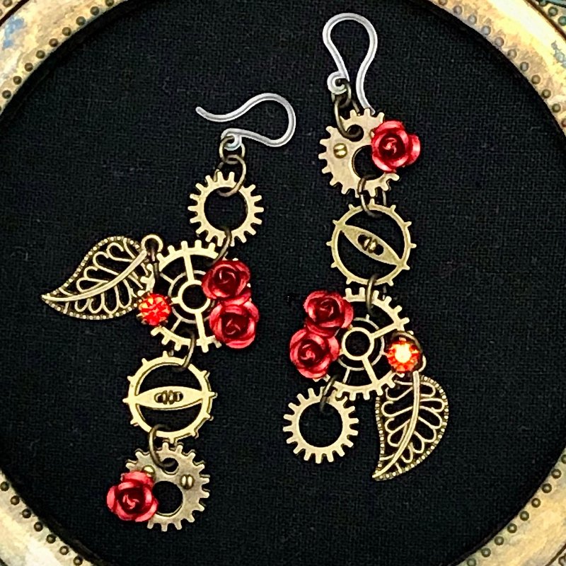 Gears and Red Rose Earrings 10