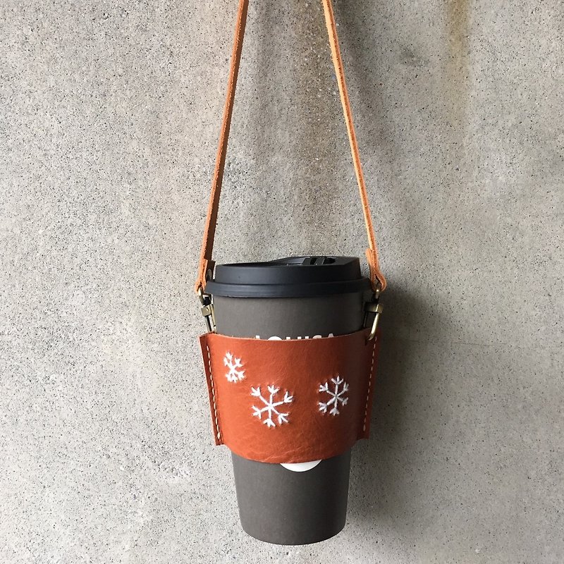Snowflake embroidered leather drink bag - Beverage Holders & Bags - Genuine Leather Brown