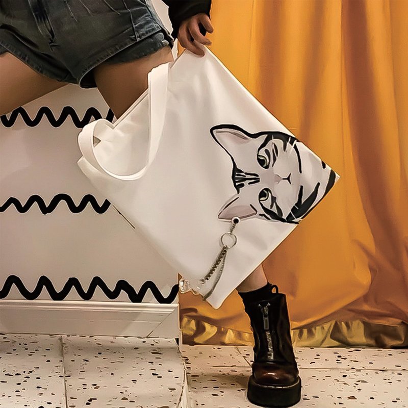 貓咪雙面插畫帆布包白色-美國短毛貓 - 手提包/手提袋 - 聚酯纖維 白色