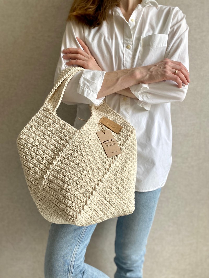 かぎ針編みのトートバッグ、かぎ針編みのスクエアバッグ、再利用可能な食料品バッグ、ショルダーバッグかぎ針編み - トート・ハンドバッグ - ポリエステル 多色