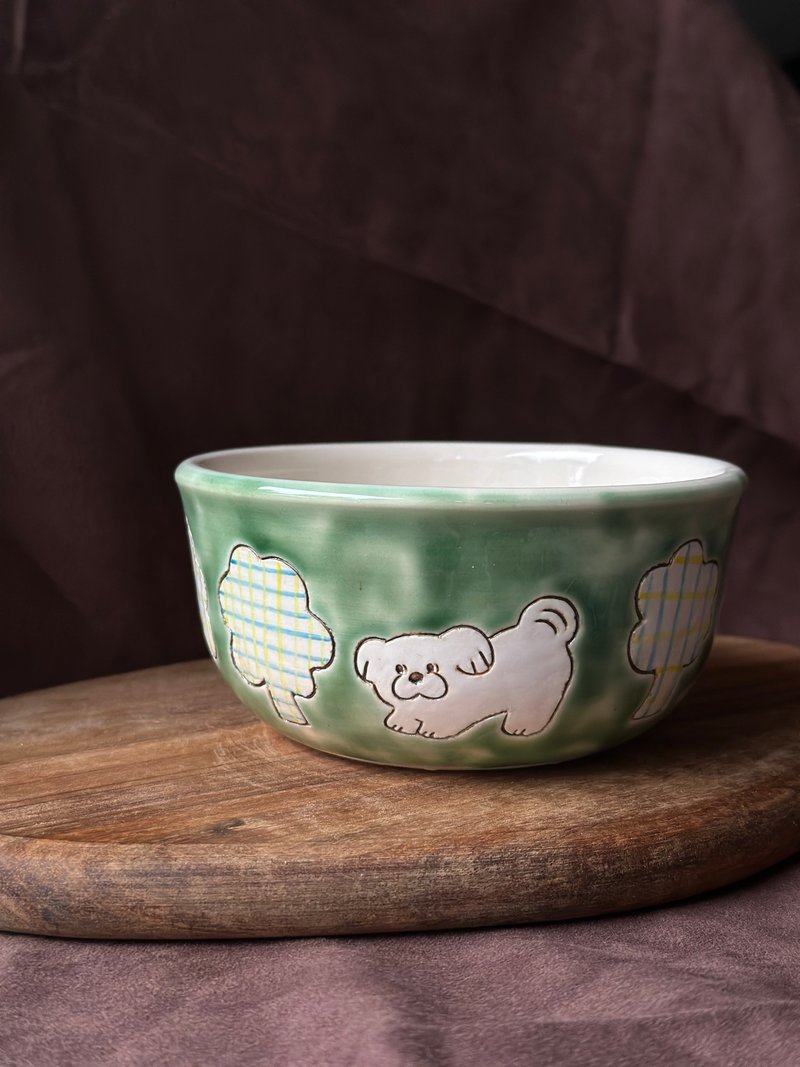 Green dog bowl male 400ml - ถ้วยชาม - ดินเผา 