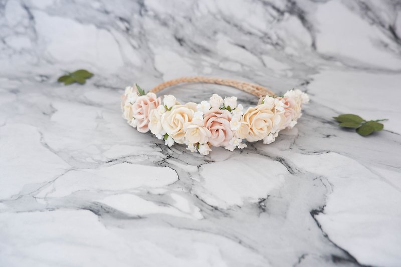 Beige blush pink flower crown, neutral hair accessories, wedding headpiece - Hair Accessories - Paper White
