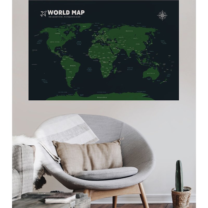 【輕鬆壁貼】世界地圖/軍綠 - 無痕/居家裝飾 - 壁貼/牆壁裝飾 - 聚酯纖維 