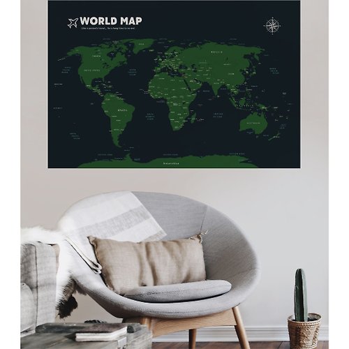 自由取材 Deco Life 【輕鬆壁貼】世界地圖/軍綠 - 無痕/居家裝飾