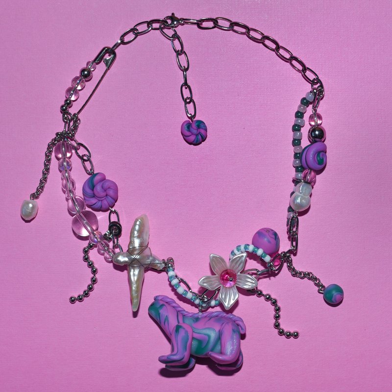 Pink Cute Ghost Acrobatic Necklace - สร้อยติดคอ - ดินเหนียว สึชมพู