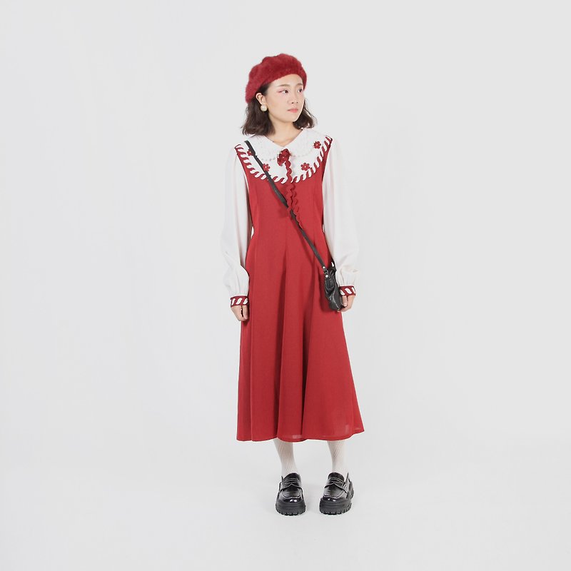 【蛋植物古着】紅梅小姐精工織帶蕾絲領古著洋裝 - 洋裝/連身裙 - 聚酯纖維 紅色