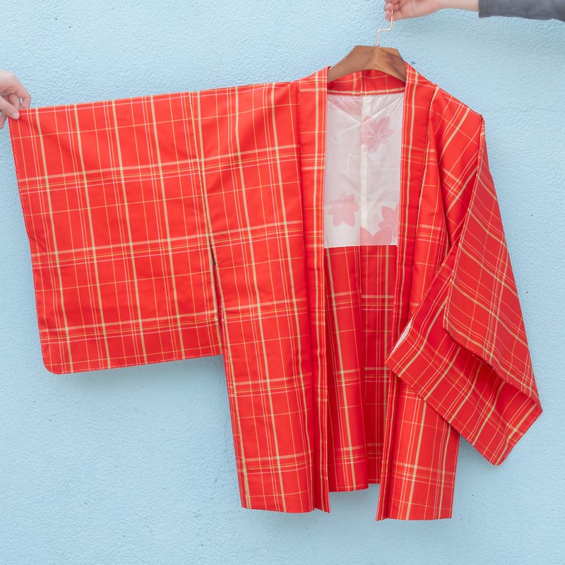 古代の着物/绢绢赤格子縞の羽織り - ジャケット - シルク・絹 レッド