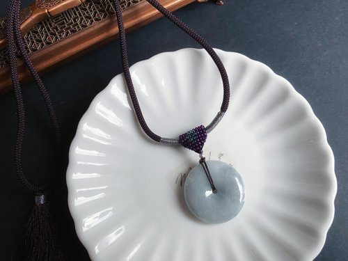 樂藏｜輕珠寶｜手作能量 天然緬甸玉翡翠 烏雞帶綠底質細緻 平安扣 項鍊 禮物 水墨風
