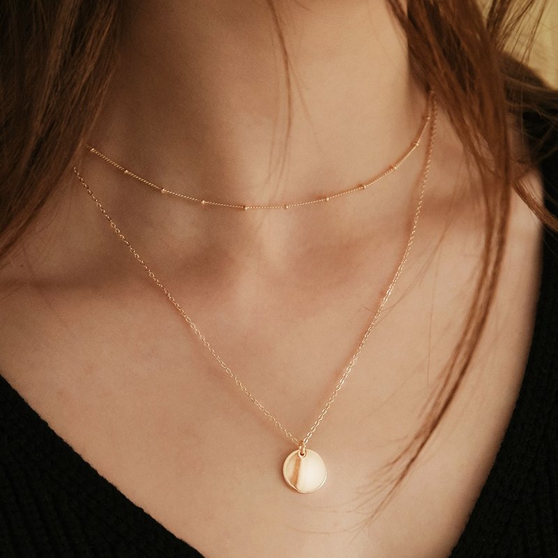 【CReAM】 Val 18K gold-plated double-layer long and short chain disc + ball necklace (1+1/2 detachable) - Necklaces - Other Metals 