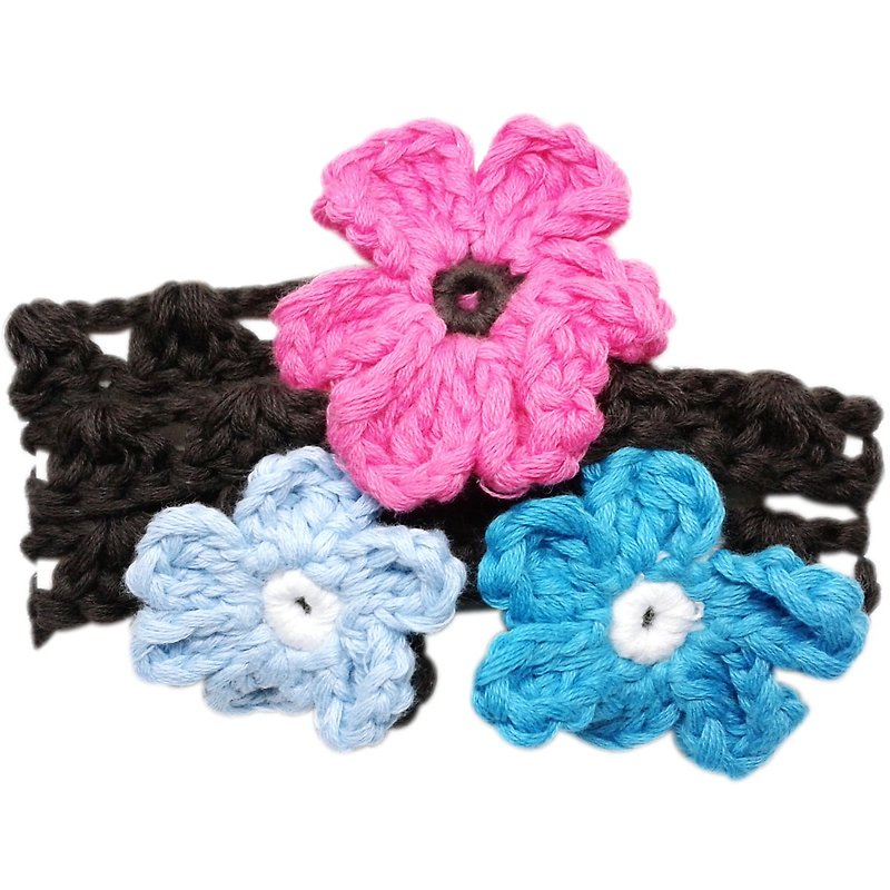 Sky blue/rose red small flower string hand-knitted flower cotton headband Navy/Fuchsia/Sky - Headbands - Cotton & Hemp Blue