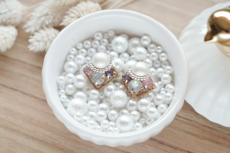 Jewelry Boxes - Geometric Square Crystal Pearl Earrings - Lavender - ต่างหู - วัสดุอื่นๆ สีม่วง