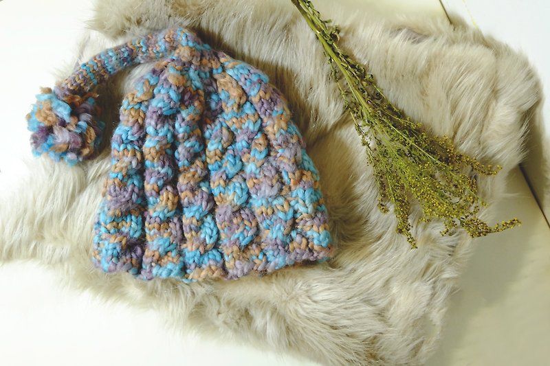 Araignee Design * hand made knitted caps - Beanie & Ball // milk cap hanging green & beige pattern - Hats & Caps - Wool Green