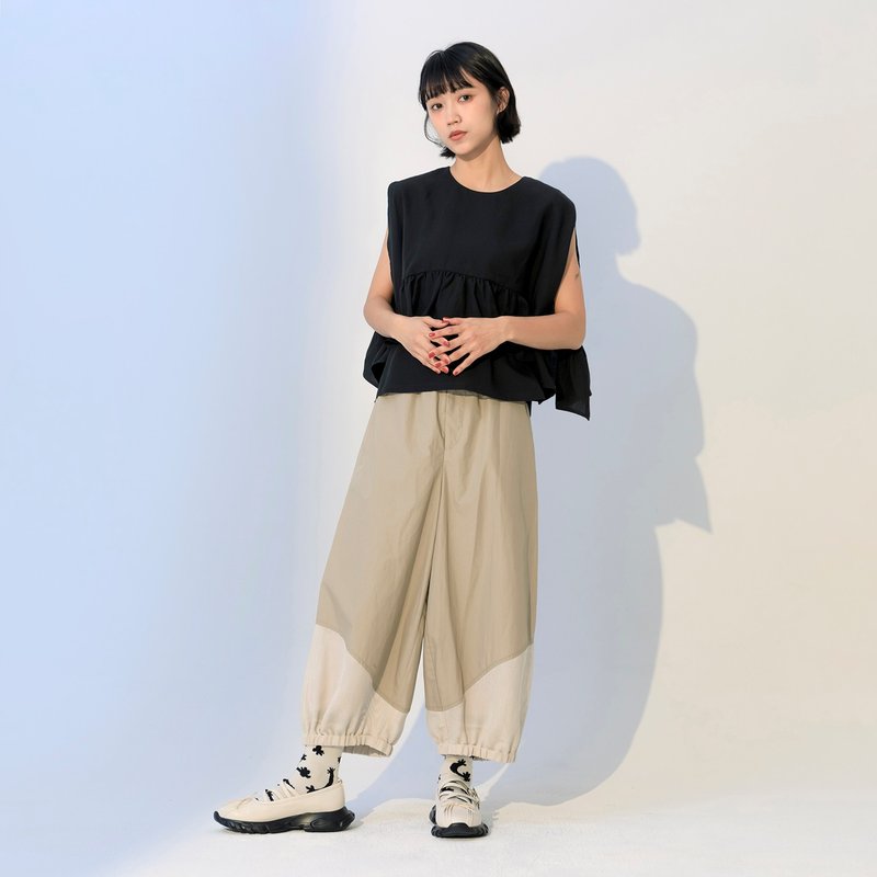 網紗斜拼接九分氣球褲 - 女長褲 - 棉．麻 卡其色