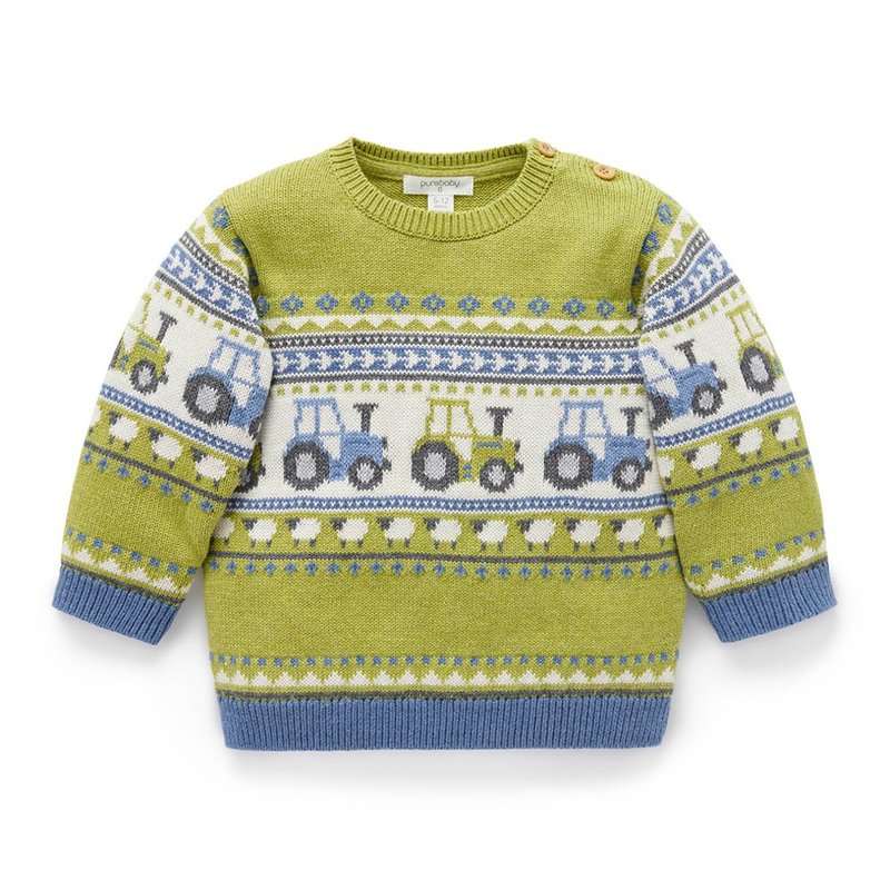 澳洲Purebaby有機棉兒童長袖針織衫18M-5T 藍綠拖拉機 - 男/女童裝 - 棉．麻 