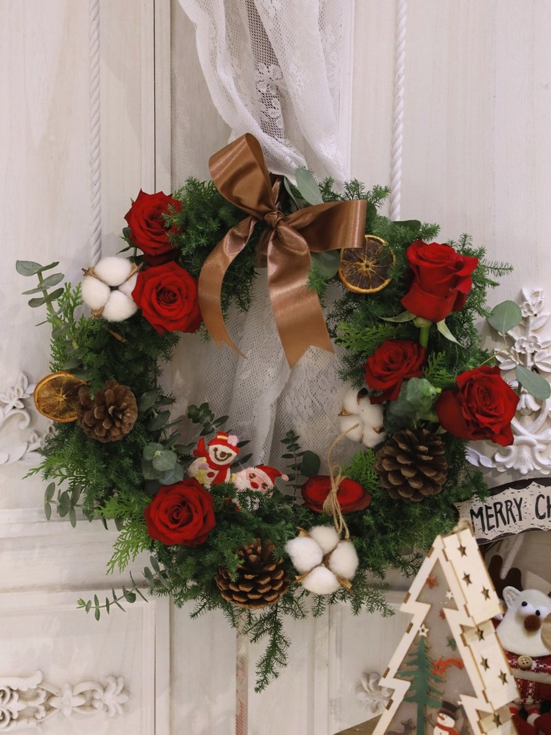 生花リース 赤いバラとシダーのリース クリスマス限定 - 置物 - 寄せ植え・花 グリーン