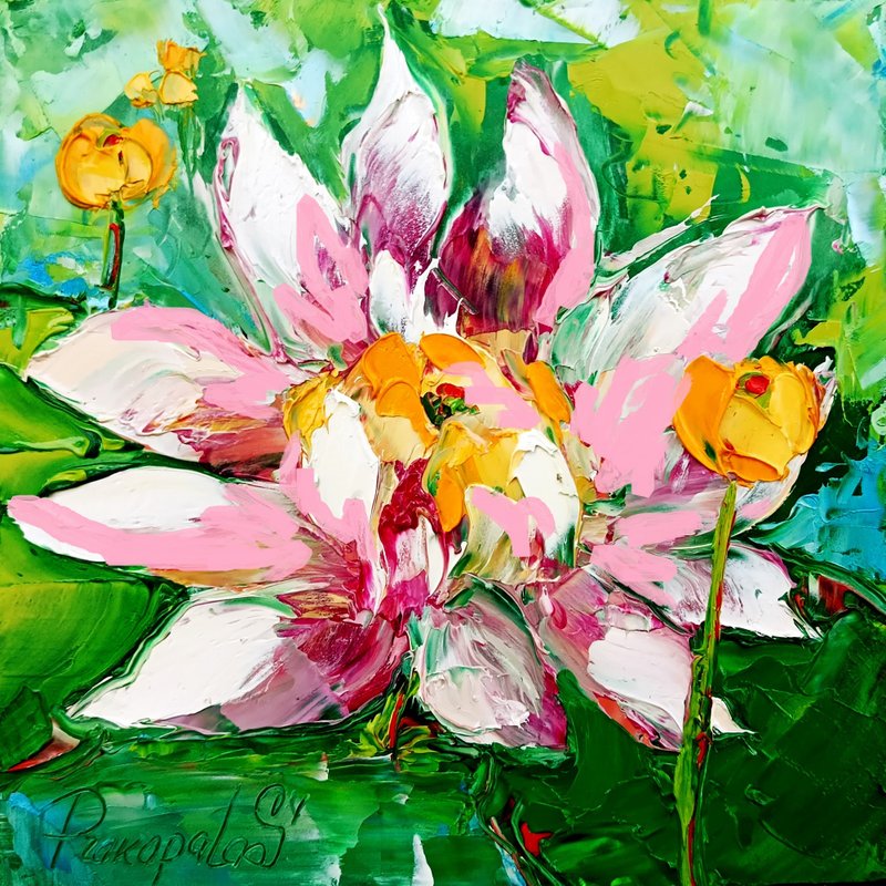 Water Lily Painting Original Art Impasto Painting Lotus Flower Floral Oil Art - 壁貼/牆壁裝飾 - 其他材質 粉紅色