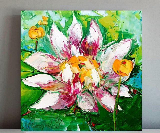 睡蓮の絵画 オリジナルアート インパストペインティング 蓮の花