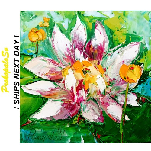 絵画　油絵　花　題　IRIS　 画家イグナシオ(スペイン在住) 睡蓮の絵画 オリジナルアート インパストペインティング 蓮の花
