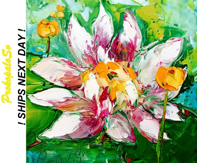 睡蓮の絵画 オリジナルアート インパストペインティング 蓮の花 花の