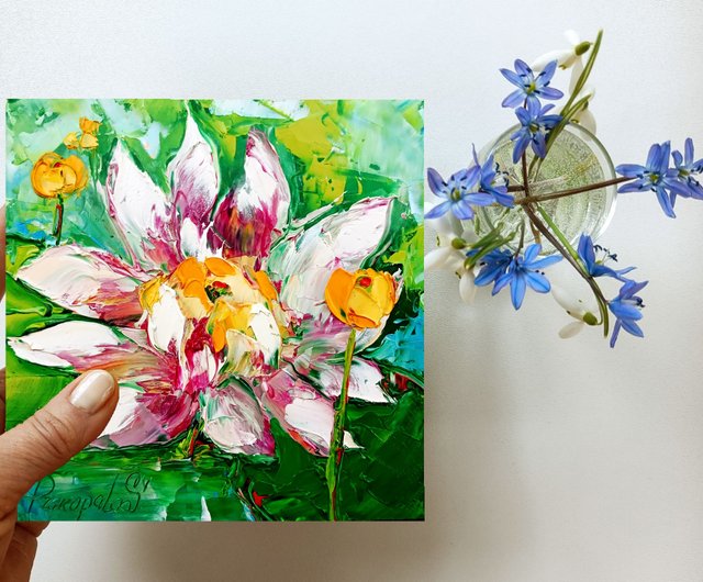 睡蓮の絵画 オリジナルアート インパストペインティング 蓮の花