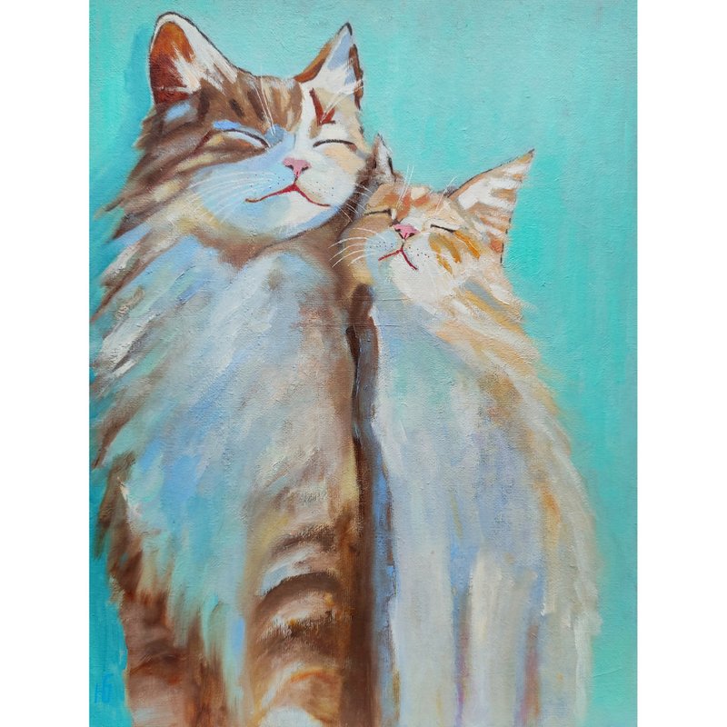 Pair Cats Oil Painting Kitten Original Art Pet Romantic Couple 手工油畫, 油畫原作 - 海報/掛畫/掛布 - 其他材質 多色