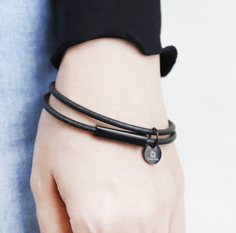 [Customized] Double-circle genuine leather round leather rope bracelet_black (3 colors) / can be engraved - สร้อยข้อมือ - หนังแท้ สีดำ