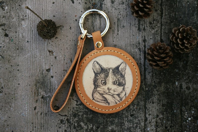 Handmade leather - pet sketch key ring - banquet cat / can be engraved English name - Keychains - Genuine Leather Brown