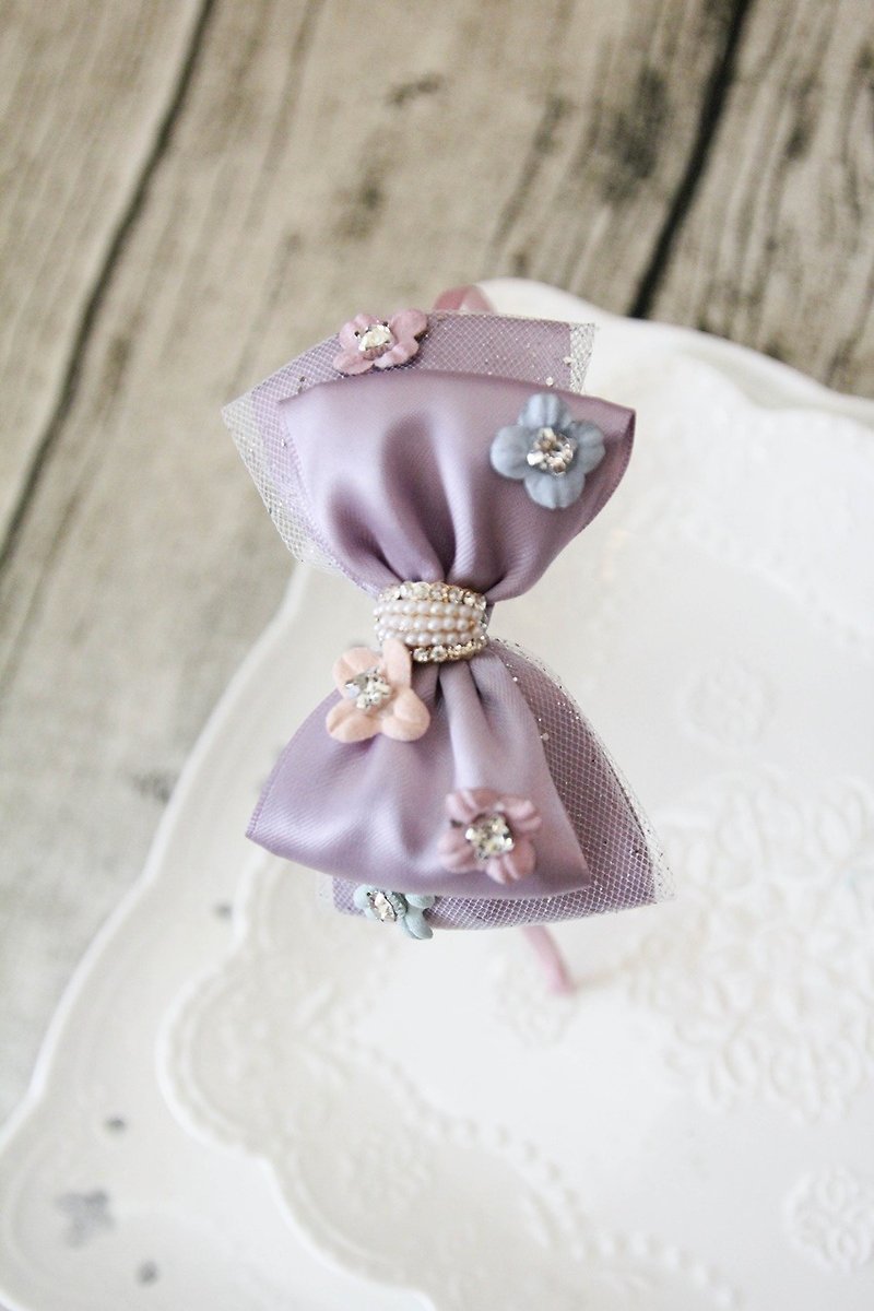 Sweet House romantic purple flower bow headband limited handmade - ผ้ากันเปื้อน - ผ้าฝ้าย/ผ้าลินิน สีม่วง