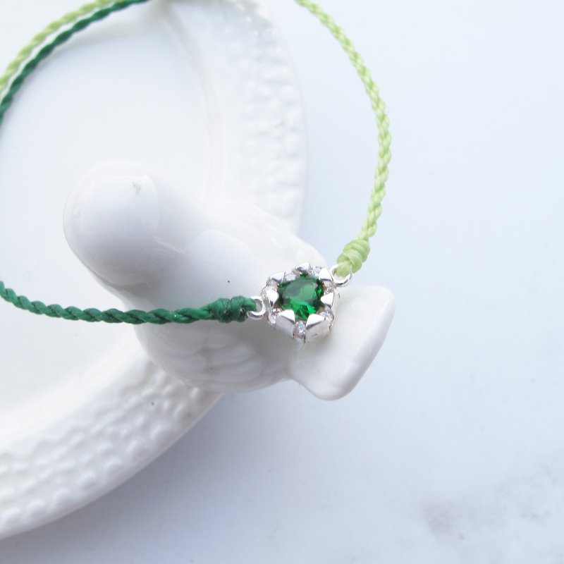 Big staff Taipa [handmade silver] green zircon × love × girlfriends × mother and daughter two-color wax rope bracelet - Bracelets - Sterling Silver Multicolor