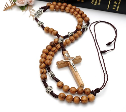 Holy Land blessing 來自聖地的祝福 以色列進口玫瑰經念珠項鍊(橄欖木10mm)聖母十字架耶穌8231010