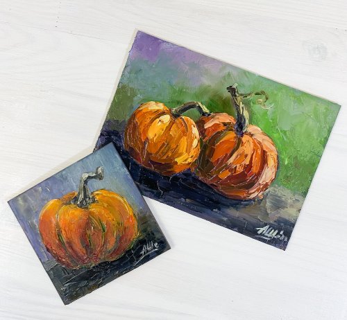 オリジナルの油絵 カボチャ 野菜アート 秋の静物 小さな絵 - ショップ