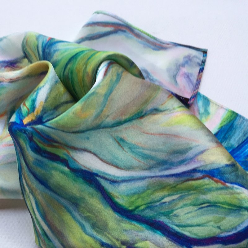 アート小さな正方形のハンカチマグノリア - スカーフ - シルク・絹 グリーン
