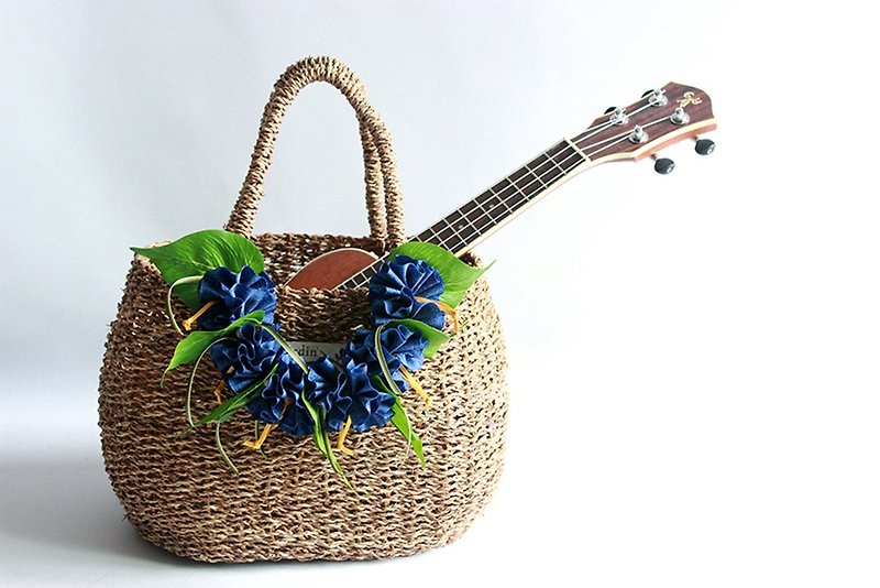 ukulele bag(blue flower included)ukulele case,straw bag,floral accessories - Handbags & Totes - Wood Blue