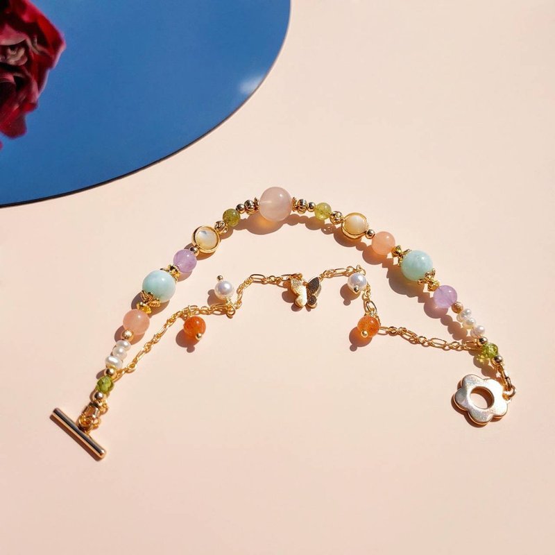 Drizzling Yellow Plum. Sakura Agate, Tsavorite Garnet, Golden Strawberry Quartz, 14K Gold-Filled, Crystal Mineral Design Bracelet - สร้อยข้อมือ - คริสตัล สีส้ม