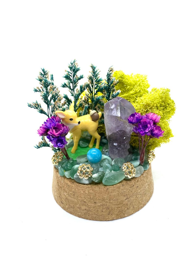 綠色森林-小鹿與紫水晶/海藍寶珠-手工玻璃罩公仔/水晶/乾燥花 - 擺飾/家飾品 - 水晶 