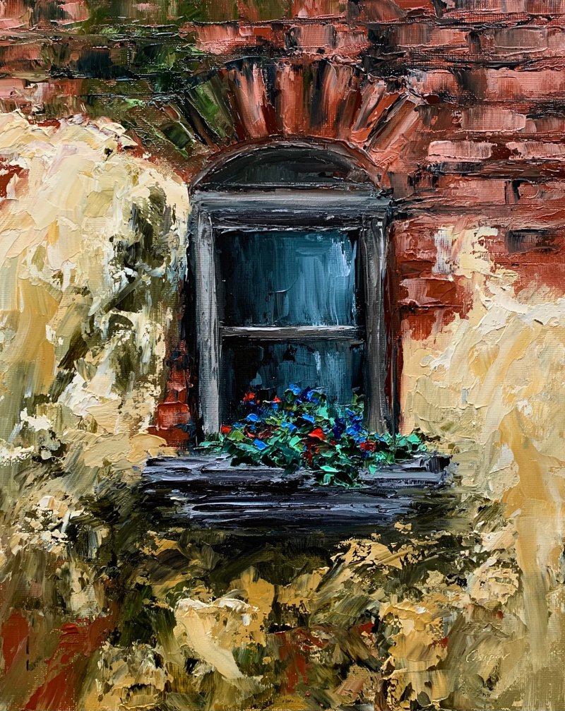 Original Landscape On Canvas Oil Painting Italy Window Artwork Textured Impasto - 壁貼/牆壁裝飾 - 棉．麻 多色