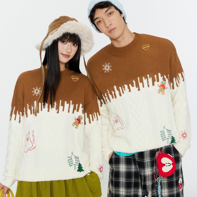 冬季餅幹人刺繡拼色聖誕毛衣  情侶半高領綿羊毛衫針織衫 - 男毛衣/針織衫 - 其他材質 白色