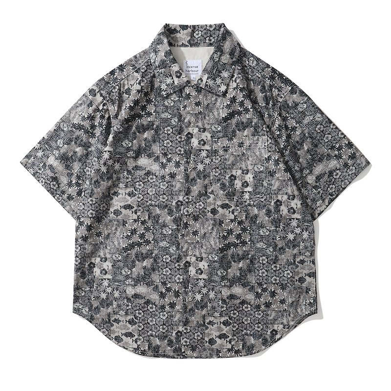 Incense Harbour 日本布料半袖仿拼布魚圖案花襯衫 恤衫 -灰色 - 男裝 恤衫 - 棉．麻 灰色
