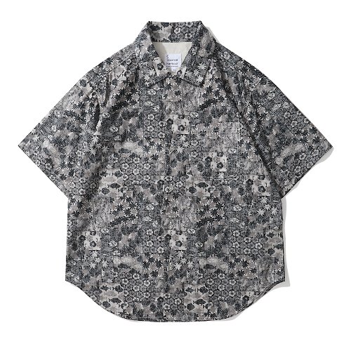Incense harbour Incense Harbour 日本布料半袖仿拼布魚圖案花襯衫 恤衫 -灰色