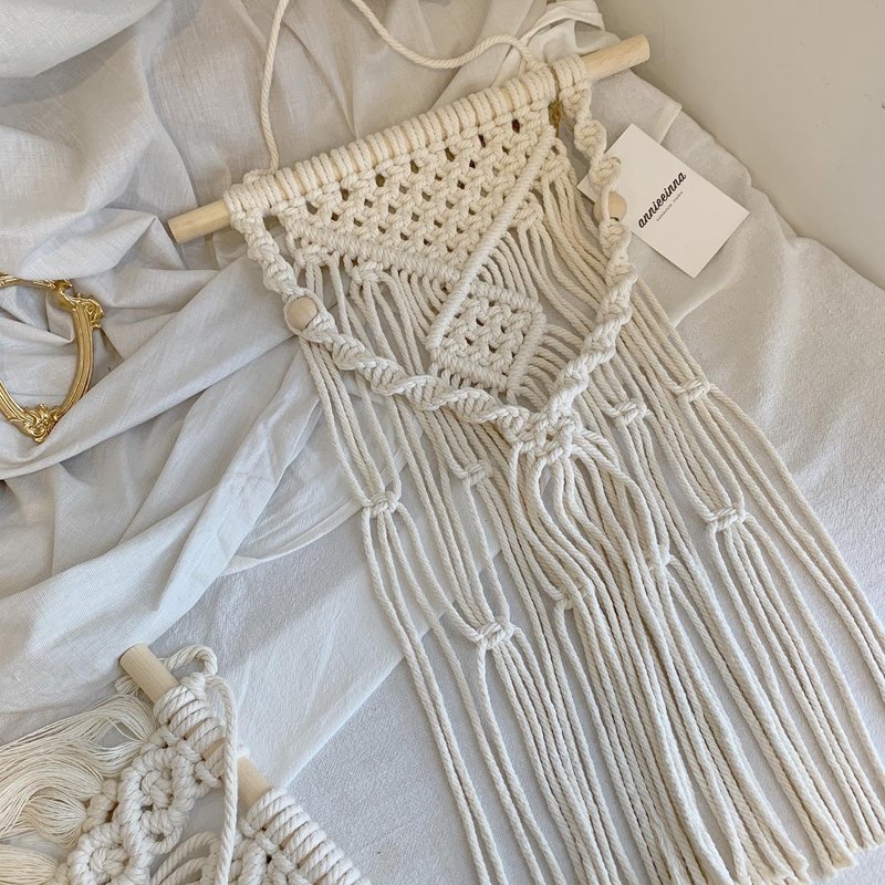 Macrame 編織 珠珠 對稱 中型 掛飾 - 擺飾/家飾品 - 棉．麻 白色