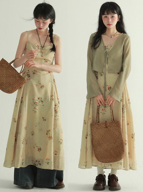 EPICRARE 中式兩件套洋裝 新中式吊帶裙套裝 復古國風碎花中長裙 S-XL