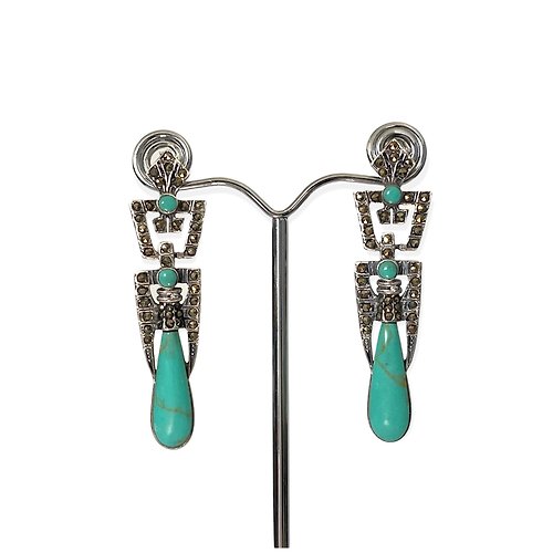 alisadesigns Art Deco Style Turquoise with Marcasite Drop Earrings / Set 925 Sterling Silver